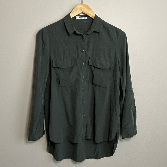 Mango Army Green Button Front Long Sleeve Shirt Size XXS - Picture 1 of 4